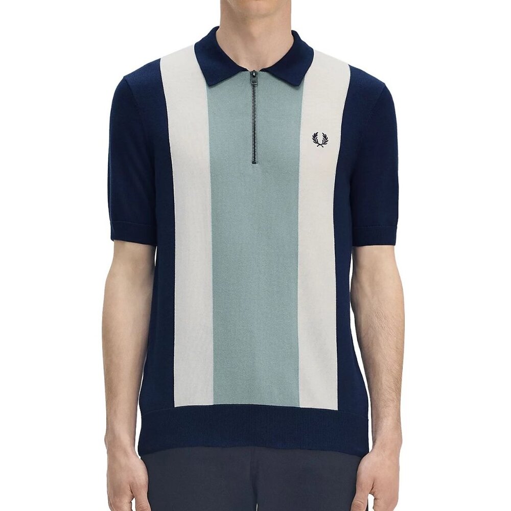 Fred Perry Mens Size 2XL Tennis Blue Vertical Stripe 1/4 Zip Knit Polo NWT 175